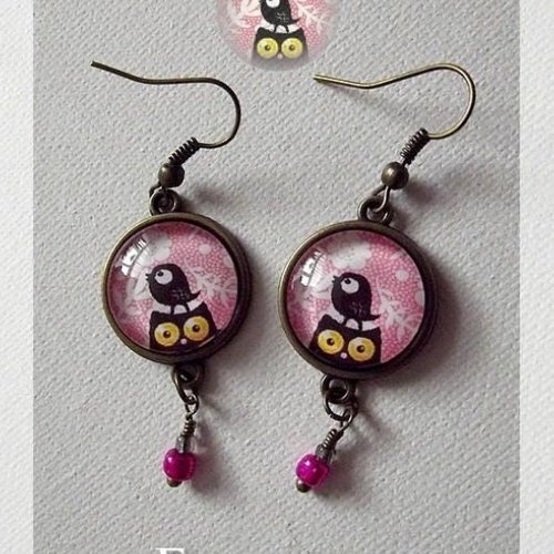Boucles d'oreille cabochons " chat et oiseau fleuri"