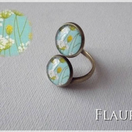 Bague double cabochons "fleurs - turquoise"