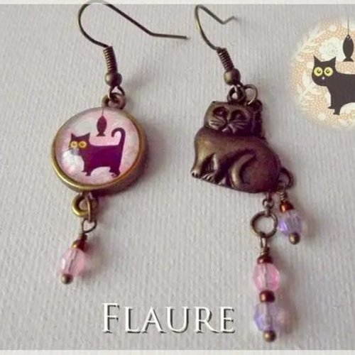 Boucles d'oreille cabochon "le chat et le poisson"