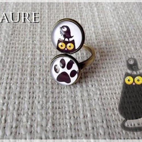 Bague double cabochons "le chat et l'oiseau"