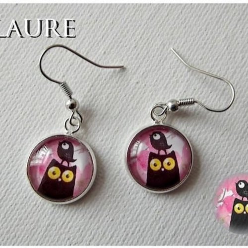 Boucles d'oreille argentées chat et oiseau fleurs de cerisier