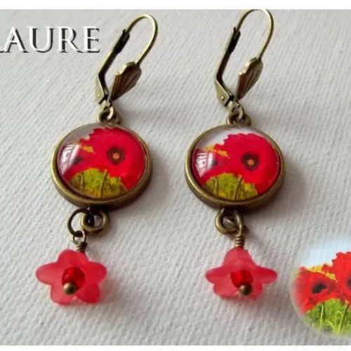 Boucles d'oreille bronze et cabochons de verre ''gros coquelicots"