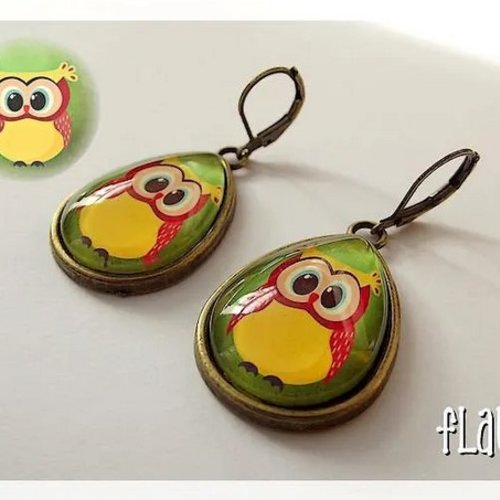 Boucles d'oreille gouttes cabochons "chouette"