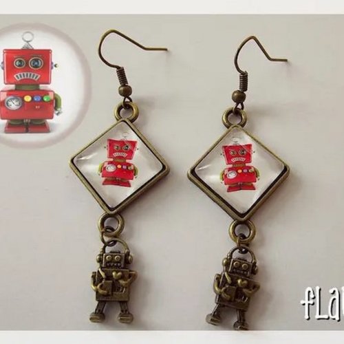 Boucles d'oreille losanges cabochons "petit robot"