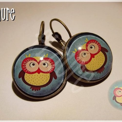 Boucles d'oreille dormeuses cabochons "chouette bleue"