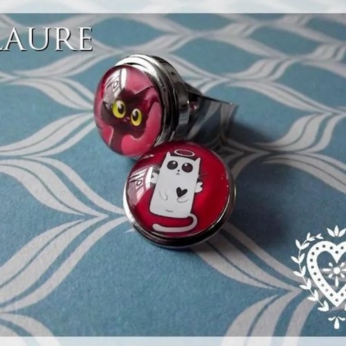 Bague cabochons deux en un "chat rose et chat ange"