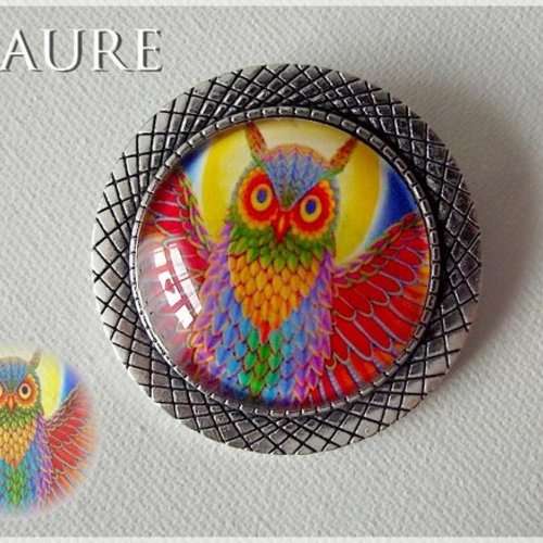 Broche ronde cabochon "hibou multicolor"