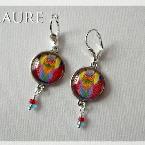 Boucles d'oreille cabochons "hibou multicolor"