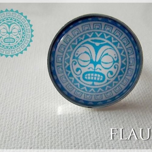 Bague ronde argentée "inca" bleu