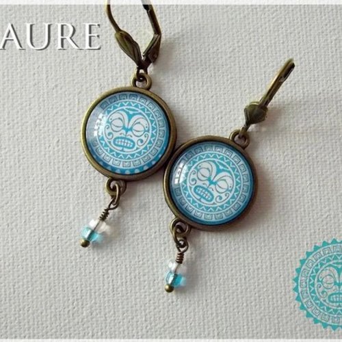 Boucles d'oreille cabochons "inca" bleu