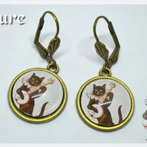 Boucles d'oreille cabochon "chat musicien"