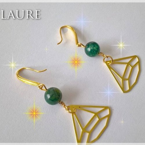 Boucles d'oreille dorées "diamant" agates vertes