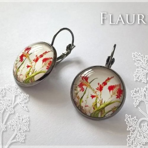 Boucles d'oreille dormeuses anthracite "petites fleurs rouges des champs"
