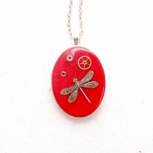Steampunk Libellule cabochon verre Tibet Argent Médaillon Collier Pendentif