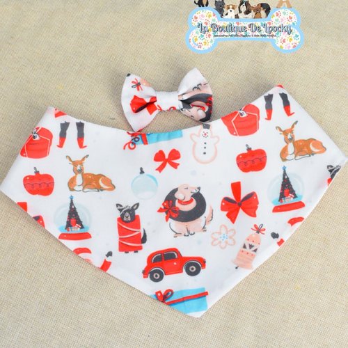 Bandana blanc motif noël pour chien & chat avec noeud assorti