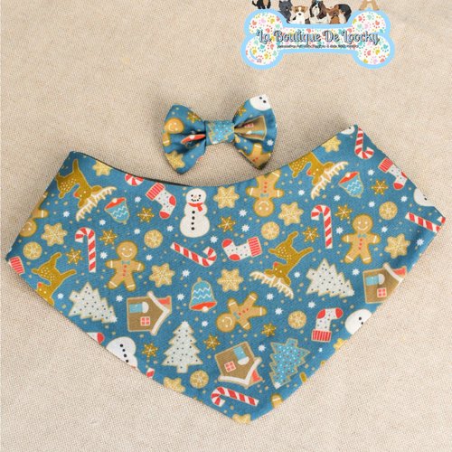 Bandana vert émeraude motif noël pour chien & chat / avec noeud assorti