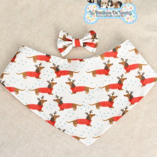 Bandana ivoire motif teckel noel pour chien & chat / avec noeud assorti