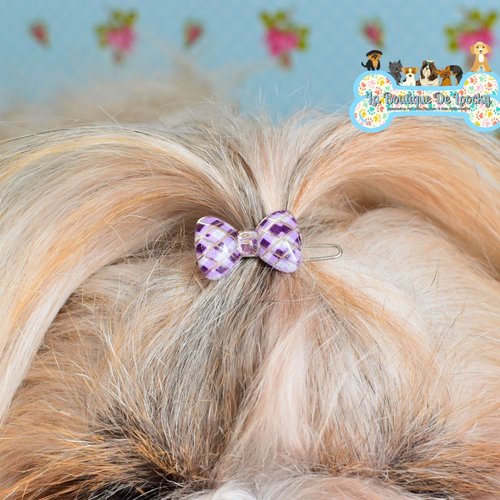 Barrette noeud carreaux violet & or pour chien a poil long