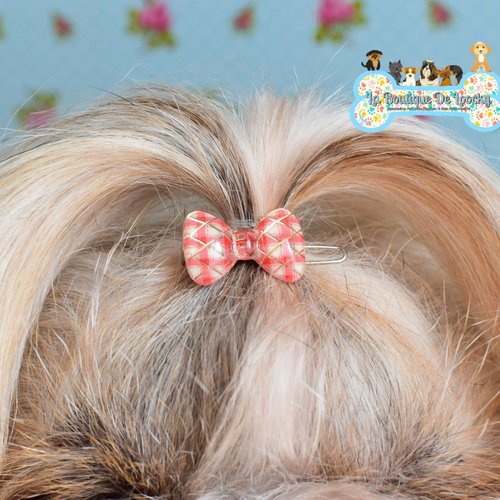 Barrette noeud carreaux orange, jaune & or pour chien a poil long