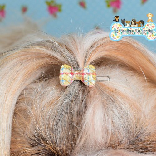 Barrette noeud carreaux jaune, orange & bleu pour chien a poil long