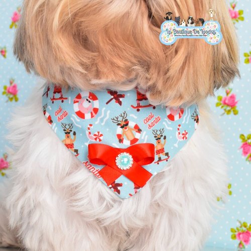Bandana bleu ciel noël avec strass pour chien & chat / avec noeud assorti