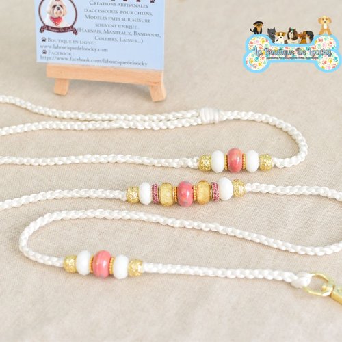 Chic laisse pour chien cordon blanc et perles scintillants / laisse exposition canin