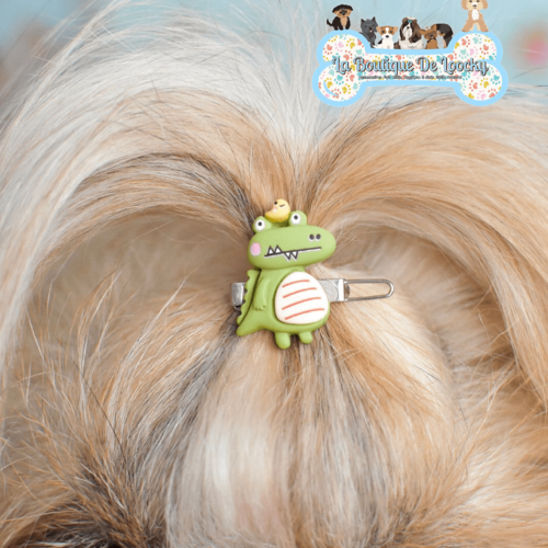 Barrette dinosaure vert pour chien a poil long, accessoire chien, idée cadeau