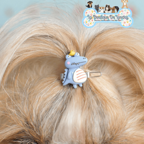 Barrette dinosaure bleu pour chien a poil long, accessoire chien, idée cadeau