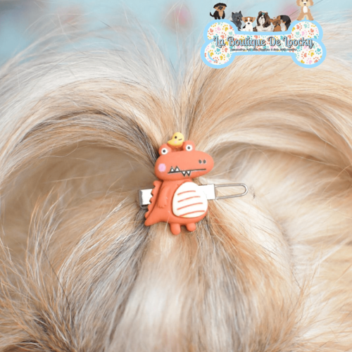 Barrette dinosaure orange pour chien a poil long, accessoire chien, idée cadeau
