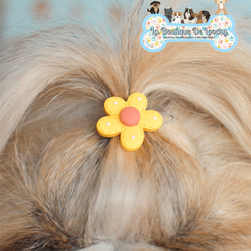 Barrette fleur jaune pour chien a poil long, accessoire chien, idée cadeau