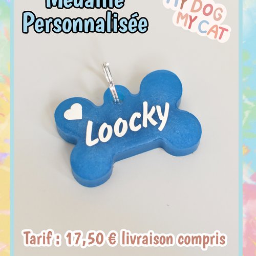 Médaille personnalisée bleu pour chien, chat, lapin ou nac. médaille d'identification