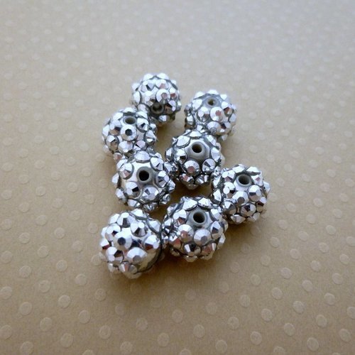 10 perles résine strassées 12 mm argentées - l10721