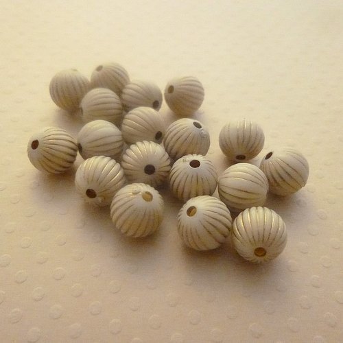 Perles acrylique ivoire, rondes, rayées  ivoire, doré, lot de 20 perles, 9x10mm