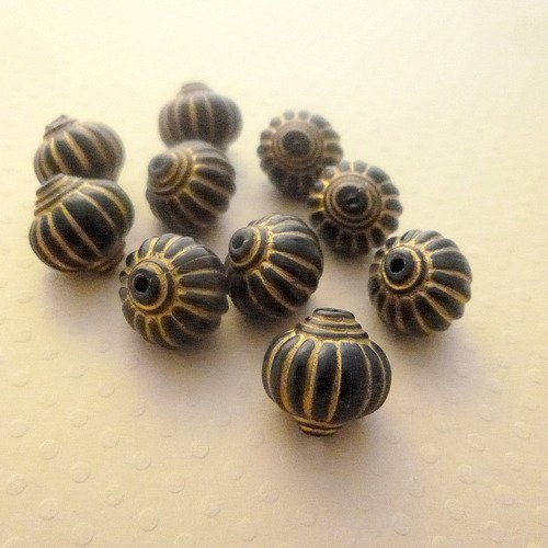 Lot de 10 perles lanterne acrylique noir/doré 14mm