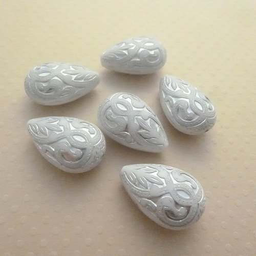 Lot de 6 perles gouttes acrylique blanc/argenté 27x18mm
