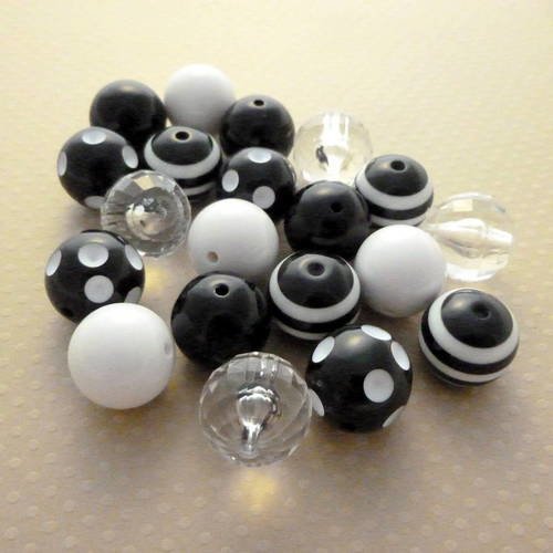 Assortiment perles acrylique noir/blanc 20mm - assort5 