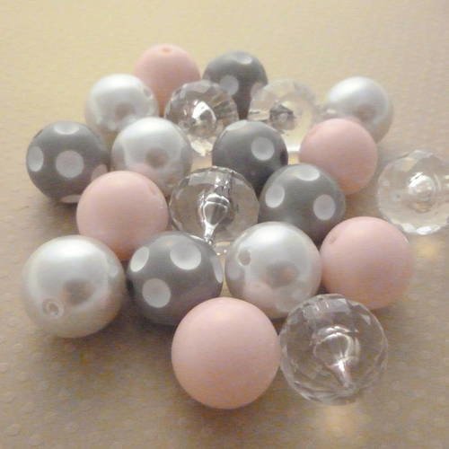 Assortiment perles acrylique rose/gris 20mm - assort4 