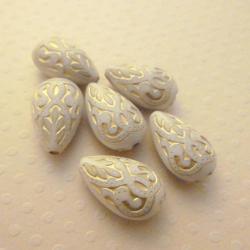Lot de 6 perles gouttes acrylique ivoire/doré 18x11mm - page-0442 