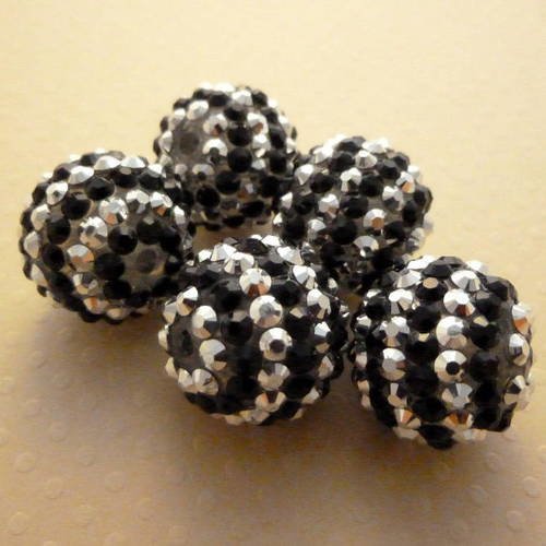Lot 5 perles acrylique strassées rayé noir/argenté 20mm - pa20-0800 