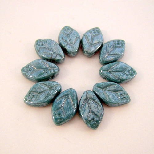 Lot de 10 perles feuilles 12x7 mm luster turquoise - vpf127-0103 