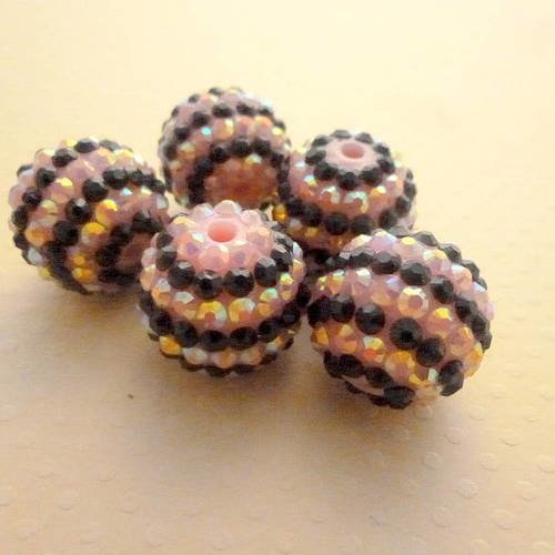 Lot 5 perles acrylique strassées rayé rose/noir 20mm - pa20-0651 