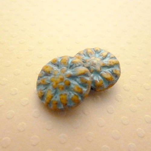 Lot de 2 perles palets fleur turquoise picasso 14 mm - cbdf14-0592 