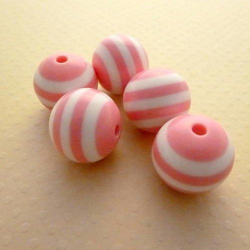 Lot 5 perles acrylique rayées rose blanc 20mm - pa20-1511 