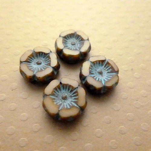Lot de 4 perles fleurs beige turquoise 12mm - cbf12-1340 