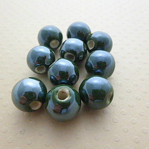 Lot de 10 perles rondes céramique vert foncé 12mm - pcr12-1167 