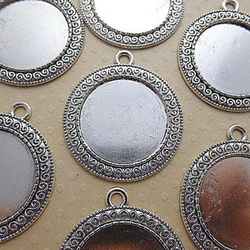 25 mm - lot de 10 pendentifs argentés vieillis pour cabochon rond 25 mm - l9968 