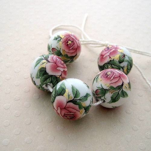 Lot de 5 perles tensha 12 mm rose/blanc - l0617 