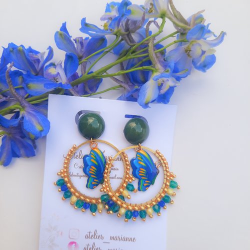 Boucles d'oreilles dorée "mariposa" papillon bleu et vert