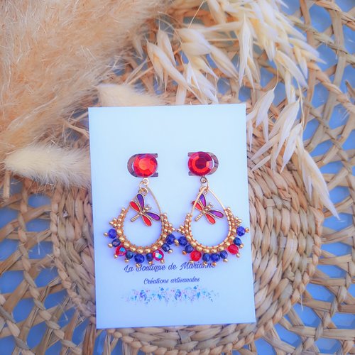 Boucles d'oreilles dorée " libellule" rouge et violet