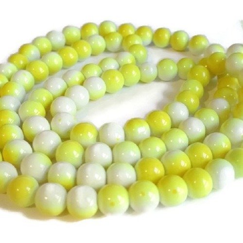 1 fil de 100 perles en verre bicolore blanc et jaune  8mm
